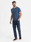 Men's T-shirt with button neckline and suede trim - dark blue V2 OM-TSCT-0206