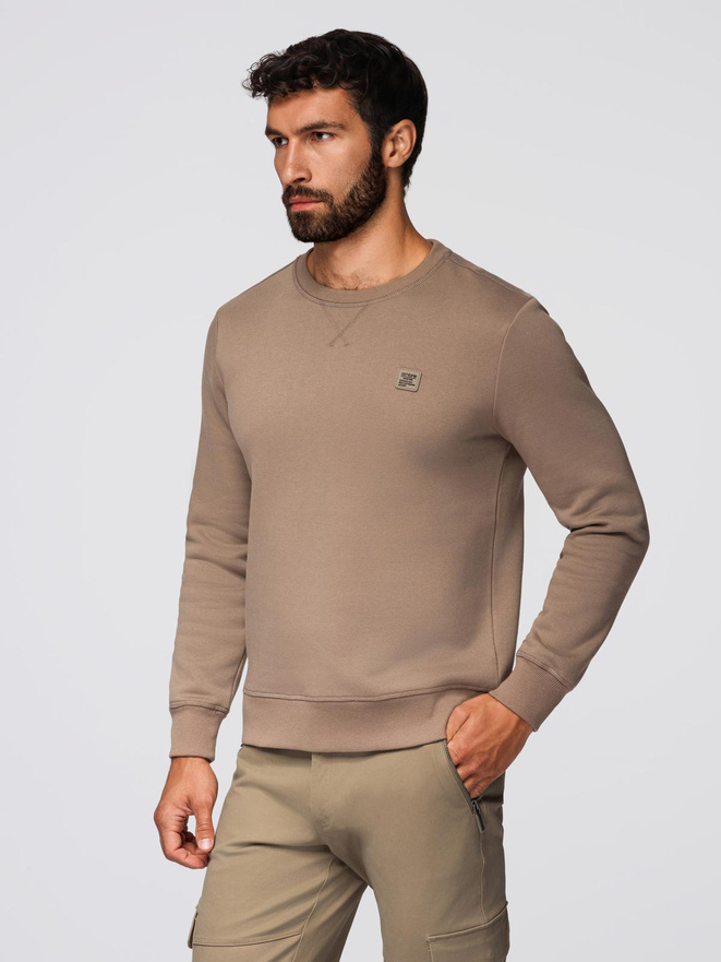Classic men's sweatshirt with round neckline - light brown V3 OM-SSNZ-0243