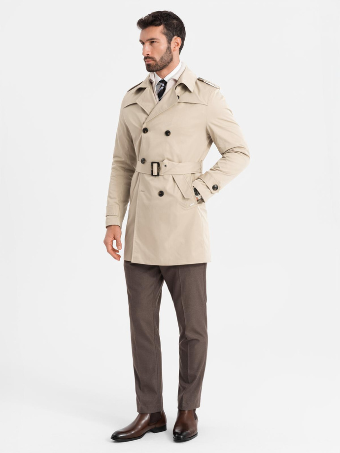Elegancki męski płaszcz trencz SLIM FIT z paskiem – beżowy V1 OM-COSC-0126