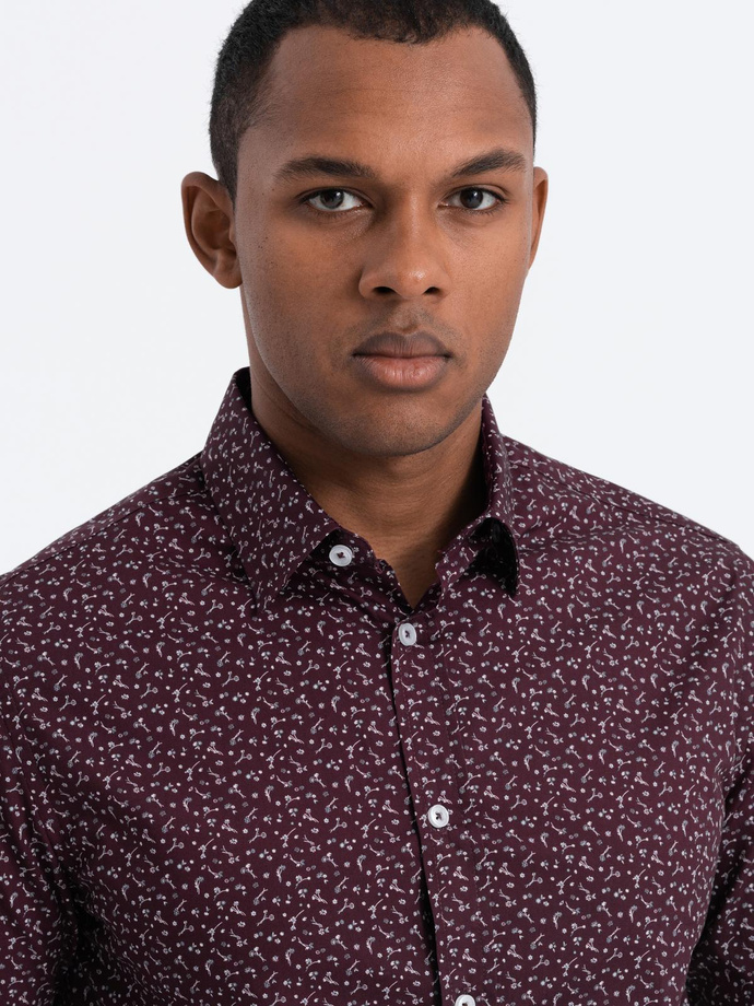 Koszula męska bawełniana we wzory SLIM FIT - bordowa V5 OM-SHCS-0151