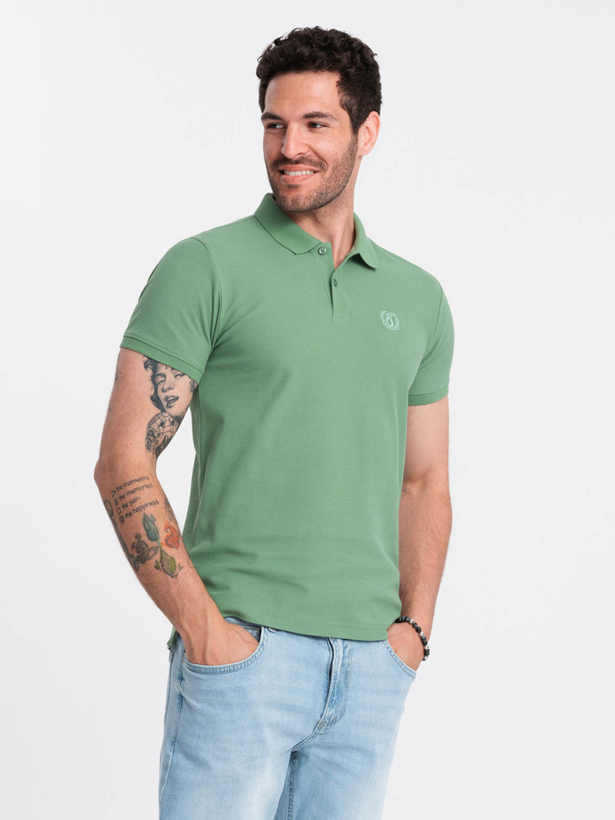 Męska jednokolorowa koszulka polo BASIC z dzianiny pique - zielona V11 OM-POBS-0100