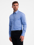 Klasyczna męska koszula SLIM FIT z satynowej tkaniny – niebieska V2 OM-SHOS-0176