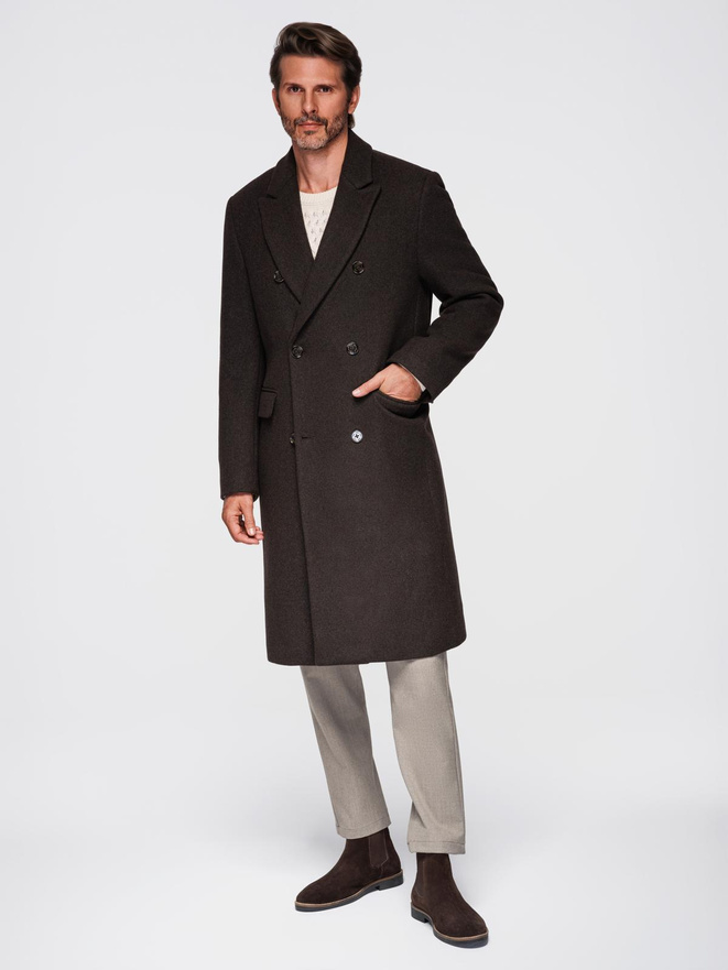 Men's coat with asymmetrical fastening and high collar - light brown V4 OM-COWC-0120
