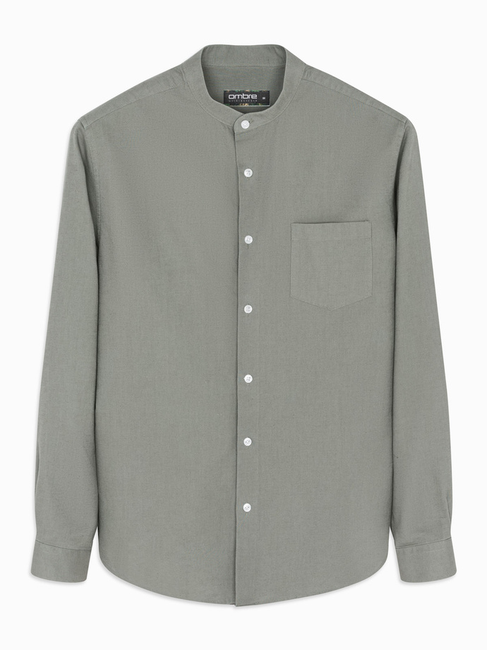 Men's linen shirt with stand-up collar and pocket REGULAR FIT - khaki V6 OM-SHCS-0161