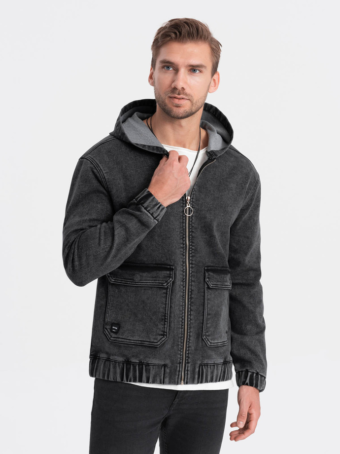 Men's denim jacket katana with cargo pockets and hood - black V4 C558