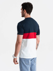 Men's tricolor T-shirt with wide stripes - navy blue and white V1 OM-TSCT-0152