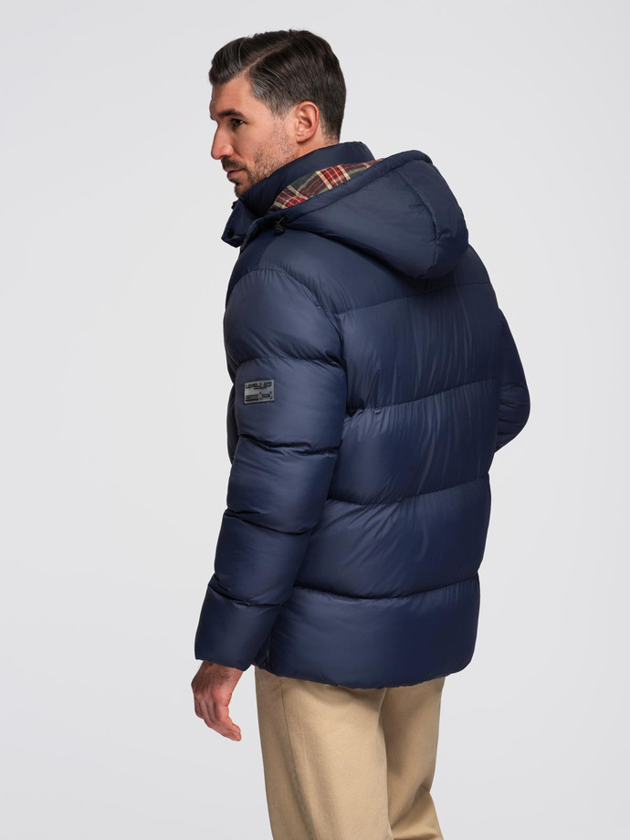 Men's puffer jacket with check lining - navy blue V1 OM-JAHP-0205