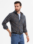 Men's plaid flannel shirt SLIM FIT - navy blue and orange V1 OM-SHCS-0145