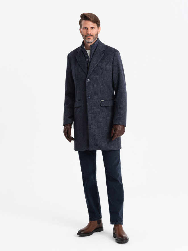 Unzipped men's wool coat - navy blue V1 OM-COWC-0121
