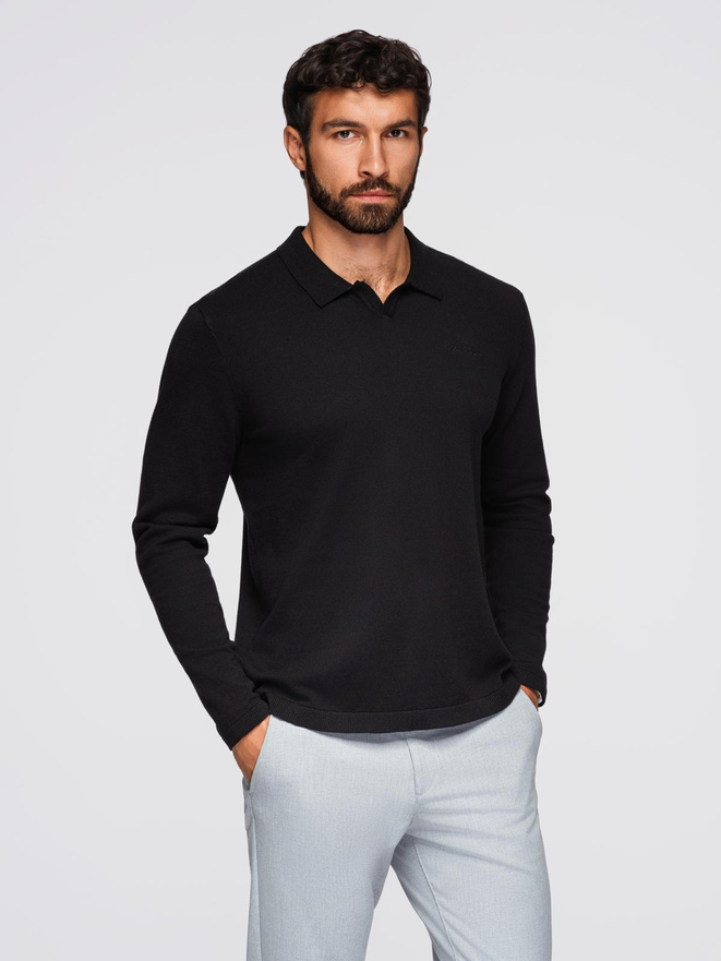 Męski sweter polo z haftem na piersi – czarny V1 OM-POLS-0140
