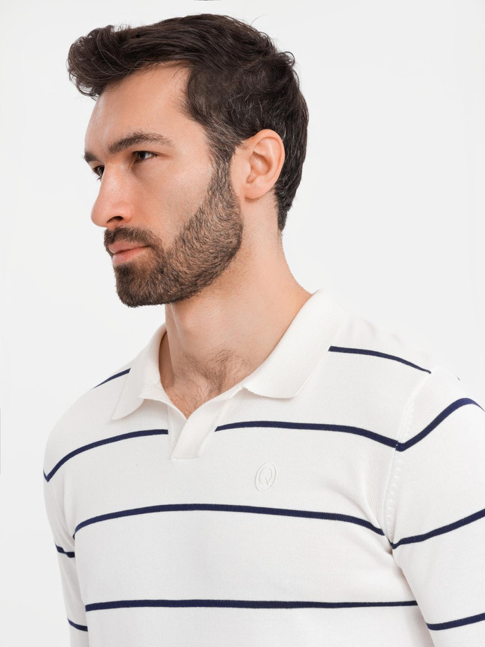 Męski longsleeve polo w poziome paski z wiskozą – biało-granatowy V2 OM-POLS-0146
