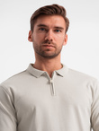 Longsleeve męski z zapinanym na zamek kołnierzykiem polo – popielaty V2 OM-POLS-0130