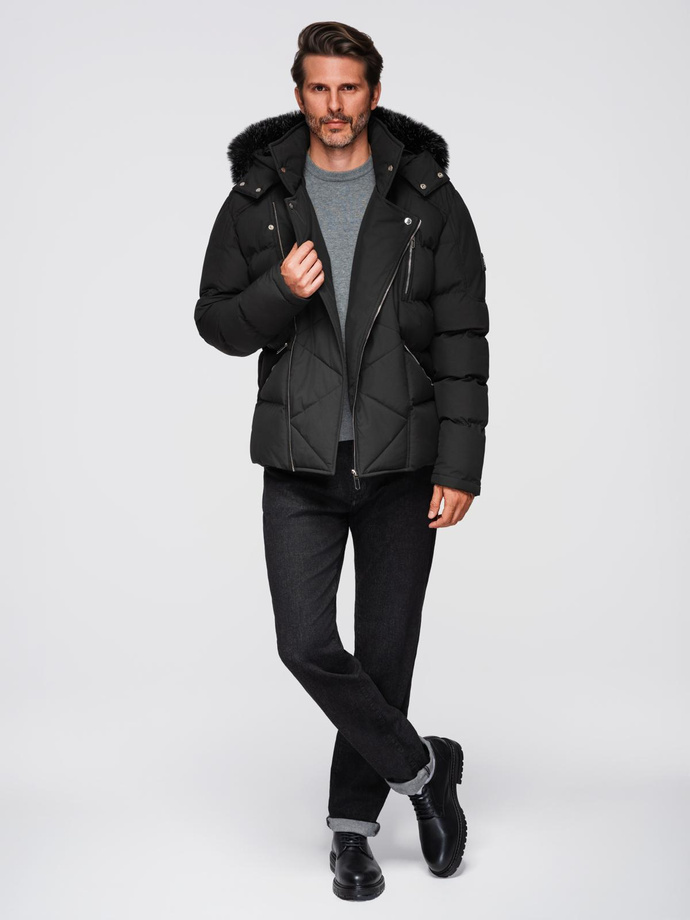 Men's quilted jacket with cut of ramoneski with hood - black V1 OM-JAHP-0252