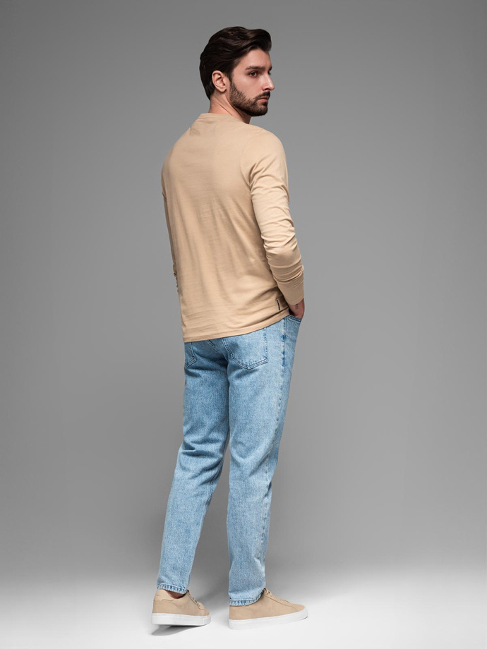 Men's long sleeve collegiate print t-shirt - sand V1 OM-LSPT-0116