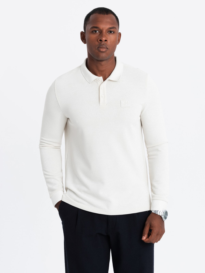Strukturalny longsleeve męski polo z naszywką – biały V2 OM-POLS-0131