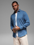 Men's denim shirt with lyocell and embroidery on the chest - blue V2 OM-SHDS-0180