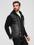Men's denim jacket with knitted sleeves and hood - black V3 OM-JADJ-0220