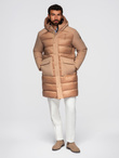 Men's long quilted jacket with large pockets - beige V2 OM-JALJ-0308