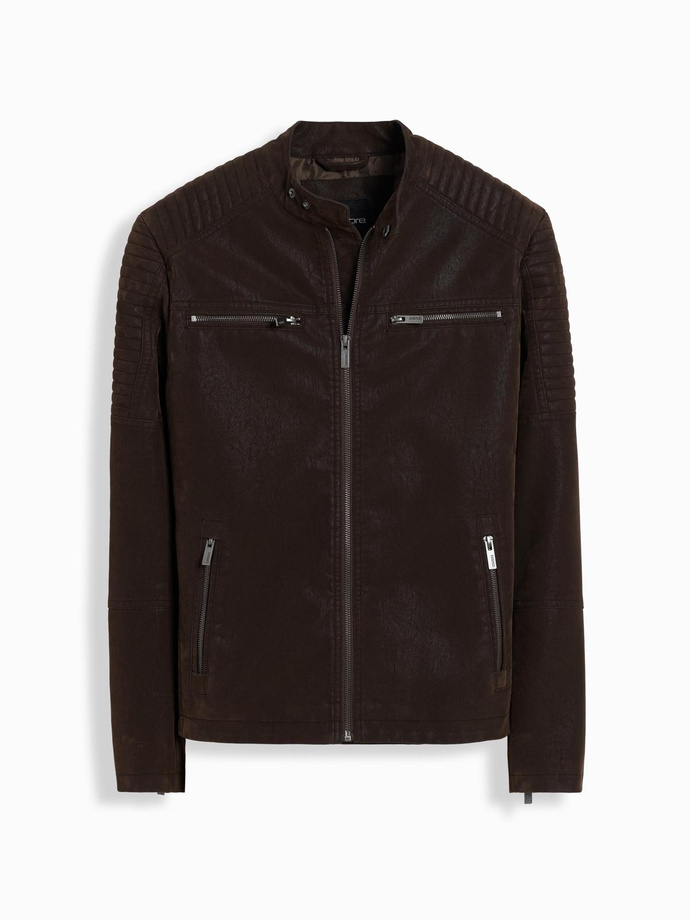 Men's retro biker jacket with stand-up collar - brown V1 OM-JAFL-0197
