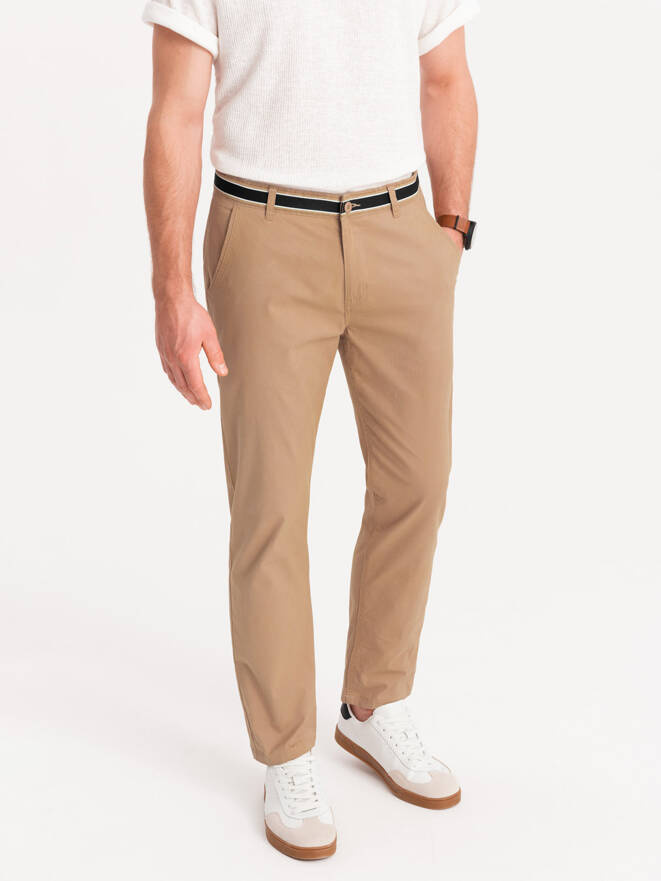 Męskie spodnie chino z ozdobną taśmą w pasie SLIM FIT – piaskowe V5 OM-PACP-0118