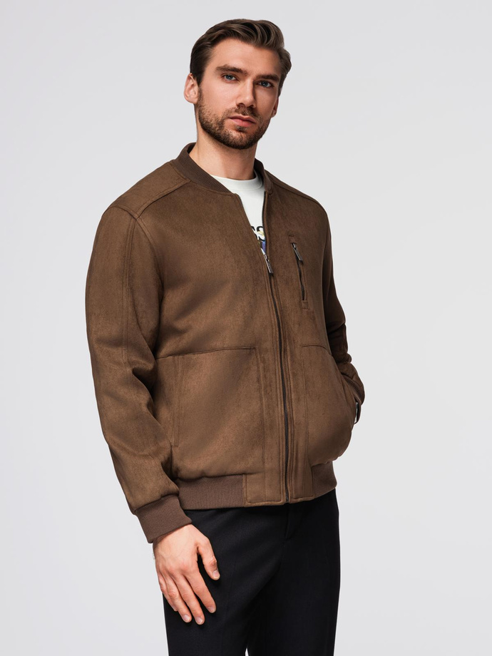 Men's imitation leather jacket with ribbed hem - dark brown V1 OM-JAFL-0109