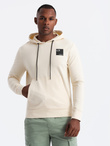 Men's kangaroo sweatshirt with hood and logo - cream V2 OM-SSNZ-0162