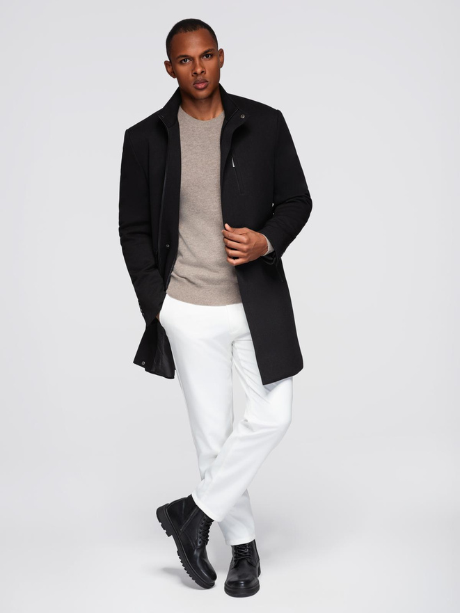 Men's coat with asymmetrical fastening and high collar - light brown V4 OM-COWC-0120