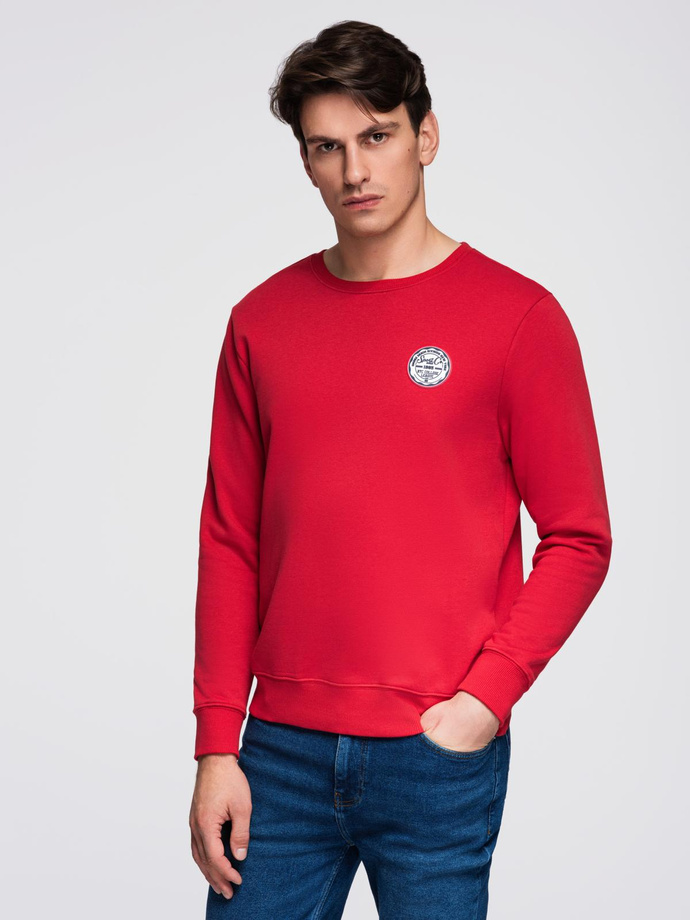 Men's non-stretch sweatshirt with round neckline and patch - red V1 B1713