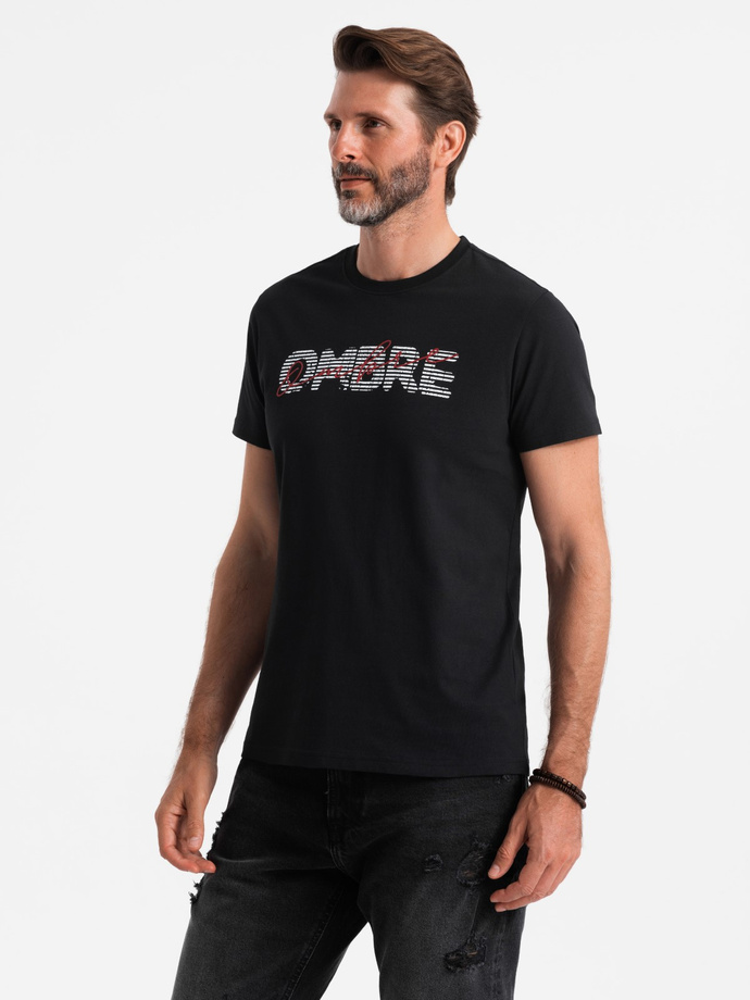 Męski bawełniany t-shirt z podwójnym printowanym logotypem – czarny V2 OM-TSPT-0211
