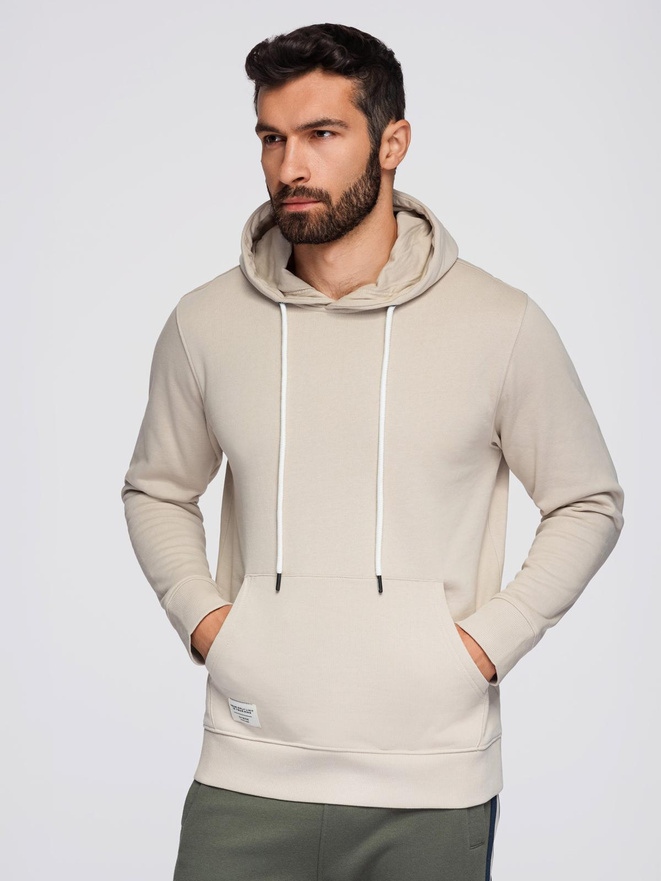 Męska bluza dresowa BASIC kangurka z kapturem - jasnobeżowa V1 B1674