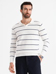Męski longsleeve polo w poziome paski z wiskozą – biało-granatowy V2 OM-POLS-0146
