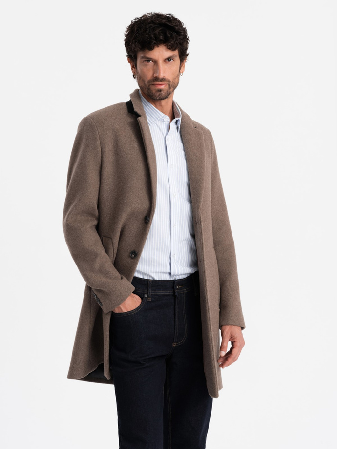 Elegancki jednorzędowy męski płaszcz z wełną – brązowy V1 OM-COWC-0114