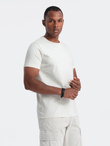 Men's cotton T-shirt with delicate embroidery - cream V2 OM-TSCT-0170