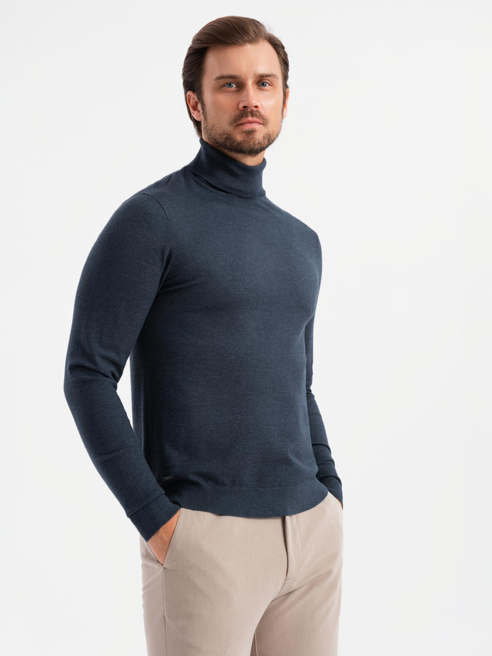 Men's knitted turtleneck with viscose - navy blue V4 OM-SWTN-0127 