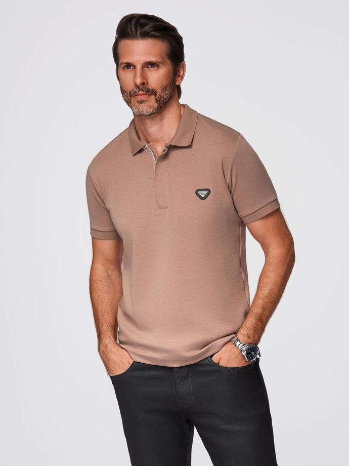 Men's polo shirt with zipper neckline - light brown V3 OM-POSS-0148