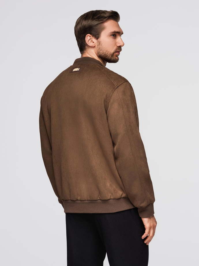 Men's imitation leather jacket with ribbed hem - dark brown V1 OM-JAFL-0109