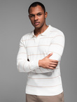 Męski longsleeve polo w poziome paski z wiskozą – biało-beżowy V4 OM-POLS-0146