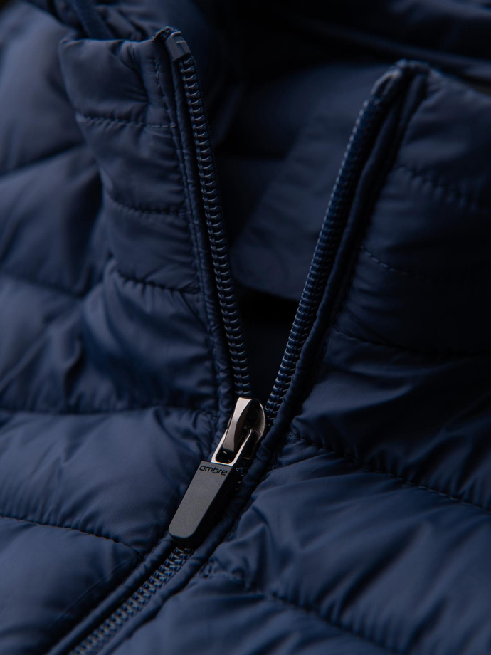 Classic men's quilted jacket with pouch option - navy blue V1 OM-JALP-0295