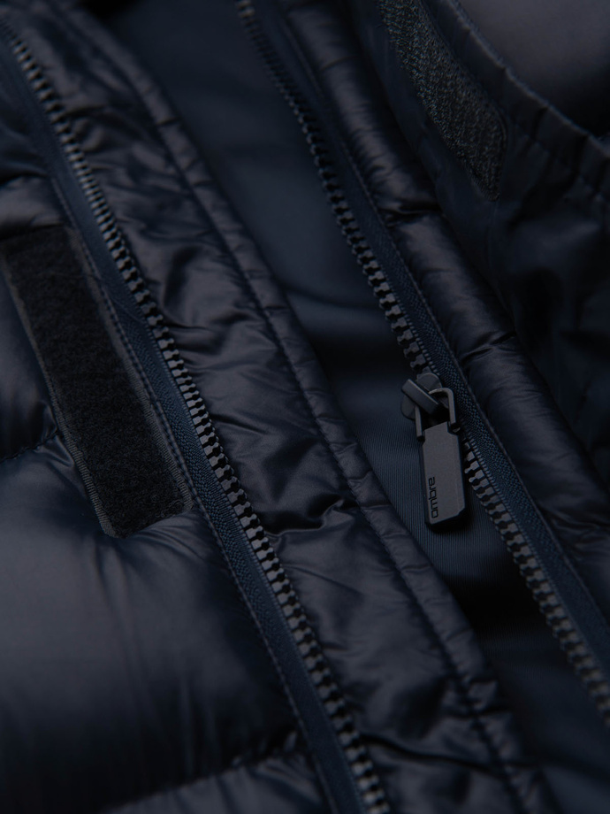 Men's quilted jacket with combined materials and hood - navy blue V3 OM-JALJ-0266