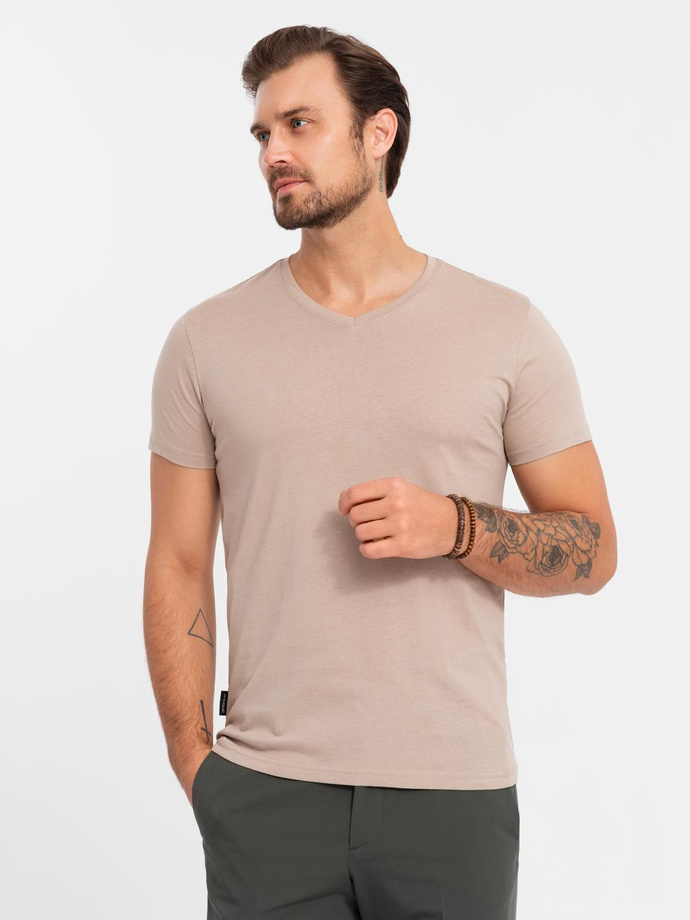 BASIC men's V-neck cotton shirt set - gray-green/white/beige V14 OM-TSBS-0233 