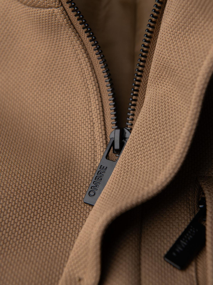 Men's coat with asymmetrical fastening and high collar - light brown V4 OM-COWC-0120