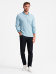 Men's melange polo longsleeve with embroidery - blue melange V3 OM-POLS-0129 