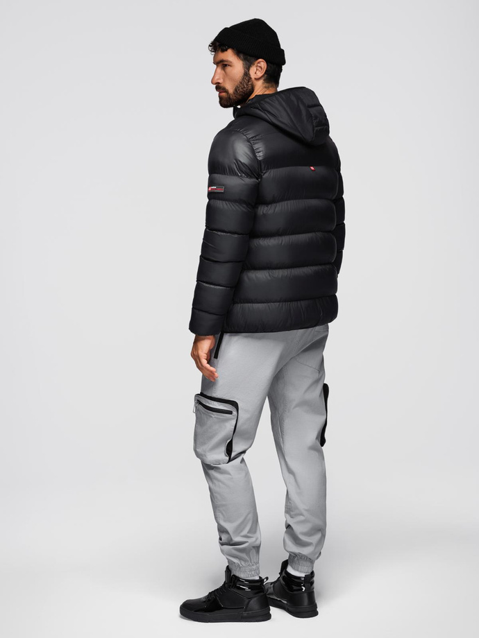 Modern quilted men's jacket of combined materials - black V1 OM-JAHP-0303