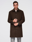 Single-breasted men's long coat with collar and bolster - brown V4 OM-COWC-0135