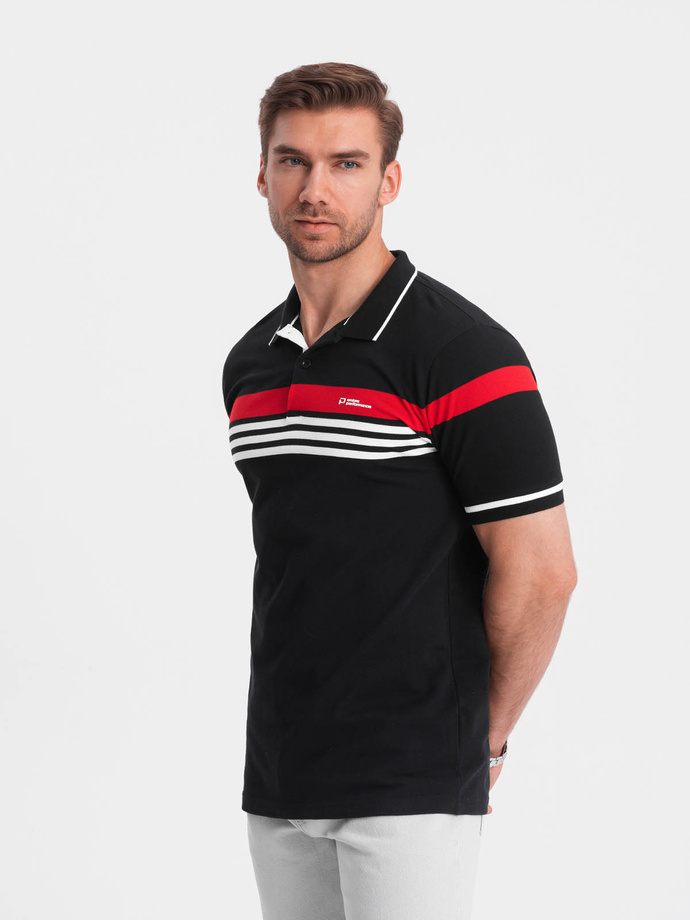 Men's fitted polo shirt with two-tone stripes - black V2 OM-POSS-0127
