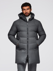 Men's long quilted jacket with hood - grey V2 OM-JALJ-0264