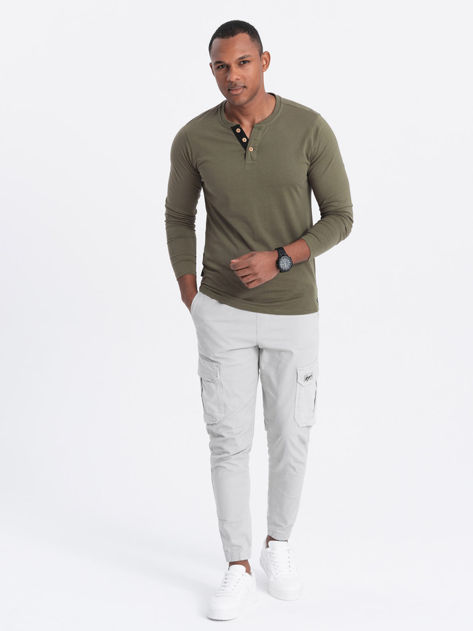 Men's cotton longsleeve with buttons at the neckline - dark olive V1 OM-LSCL-0107