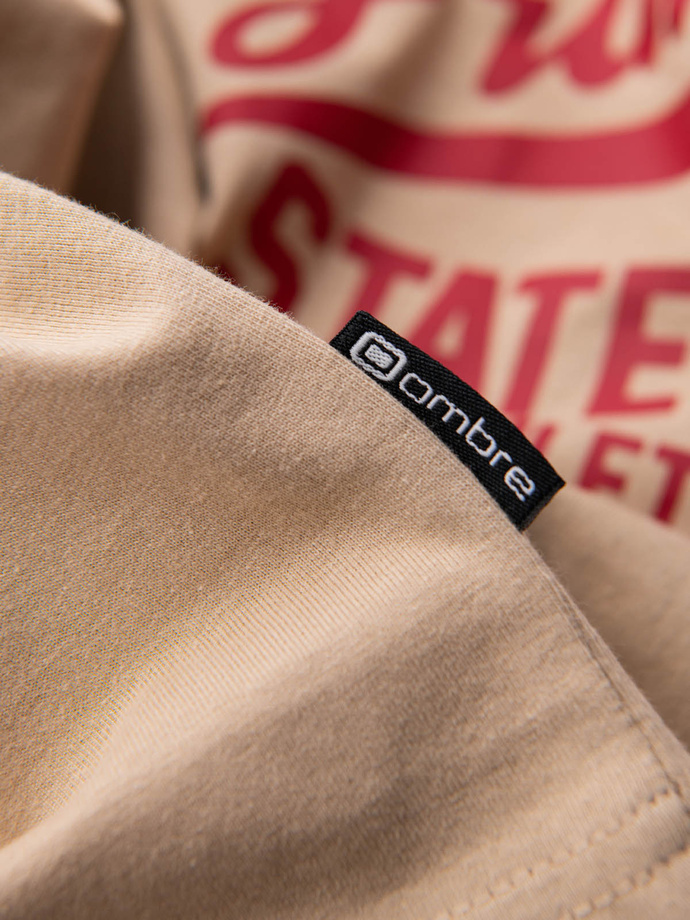 Koszulka męska z długim rękawem z nadrukiem collegowym - piaskowa V1 OM-LSPT-0116