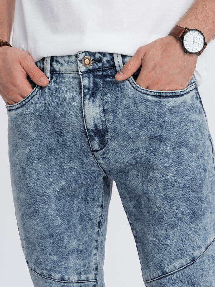 Men's slim fit denim pants with stitching at the knees - blue V1 OM-PADP-0109