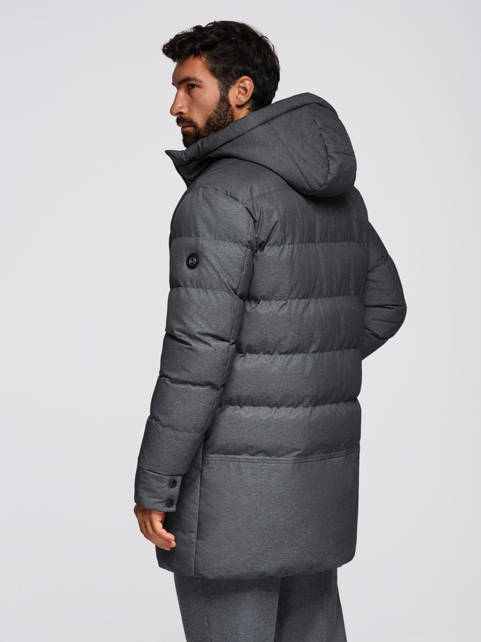 Men's long quilted jacket with hood - grey V2 OM-JALJ-0264